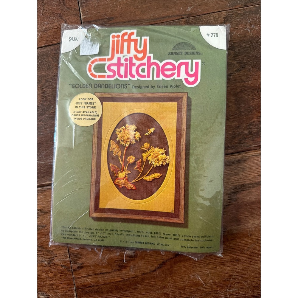 Sunset Designs Jiffy Stitchery Golden Dandelions 279 Eileen Violet Vintage Kit